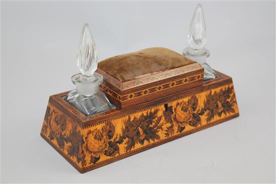 A Tunbridge ware rosewood and floral mosaic sewing / scent bottle stand, 9in.